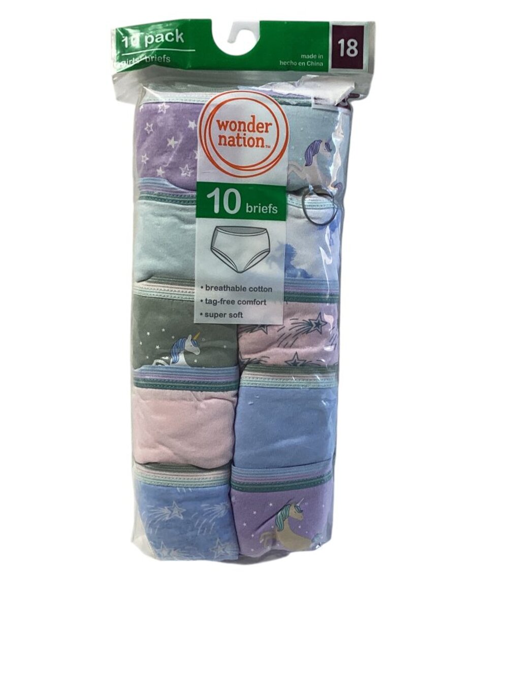 Wonder Nation Girls' Cotton Briefs 10-Pack, Tag-free, 100% Cotton, Size 18